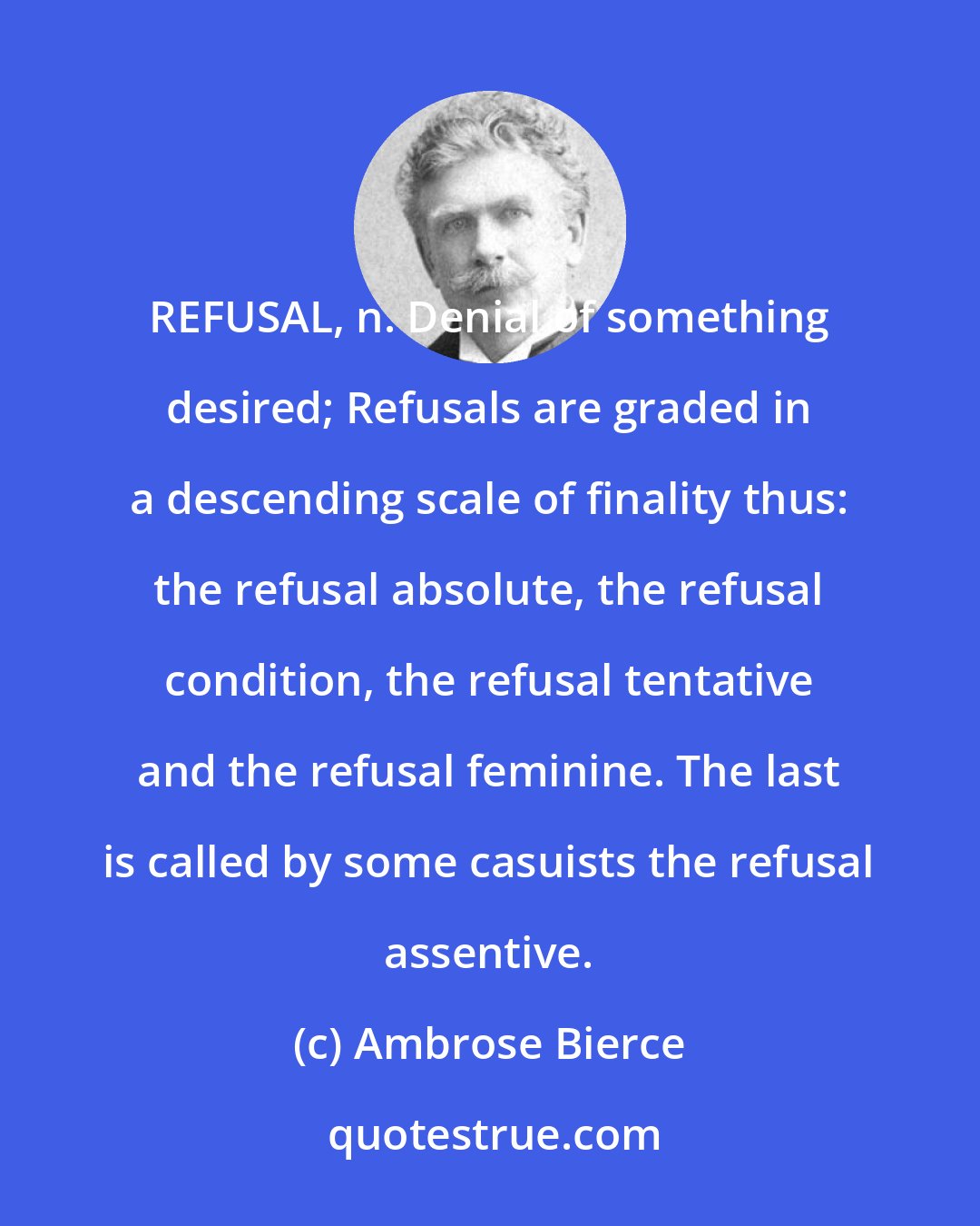 Ambrose Bierce: REFUSAL, n. Denial of something desired; Refusals are graded in a descending scale of finality thus: the refusal absolute, the refusal condition, the refusal tentative and the refusal feminine. The last is called by some casuists the refusal assentive.