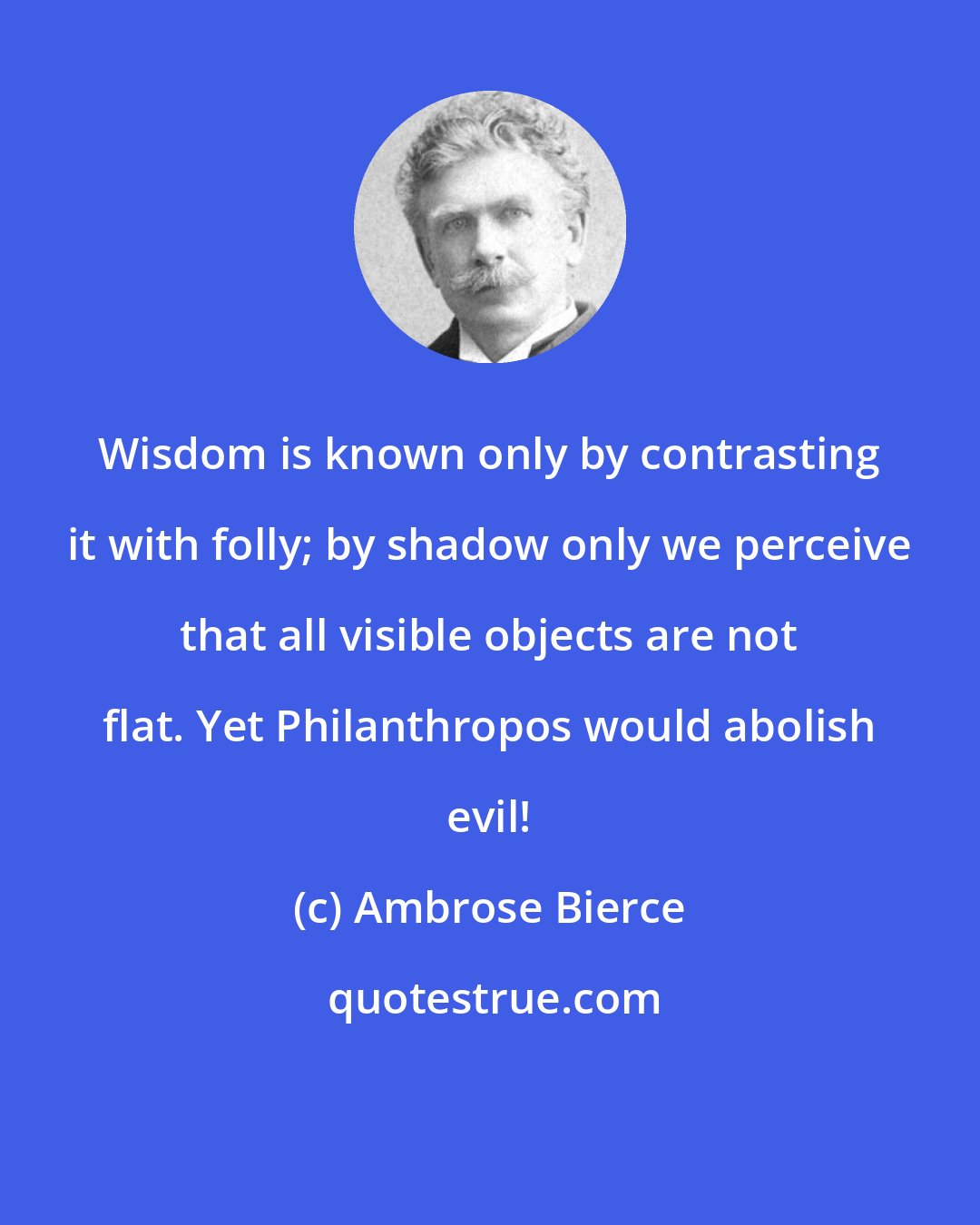 Ambrose Bierce: Wisdom is known only by contrasting it with folly; by shadow only we perceive that all visible objects are not flat. Yet Philanthropos would abolish evil!