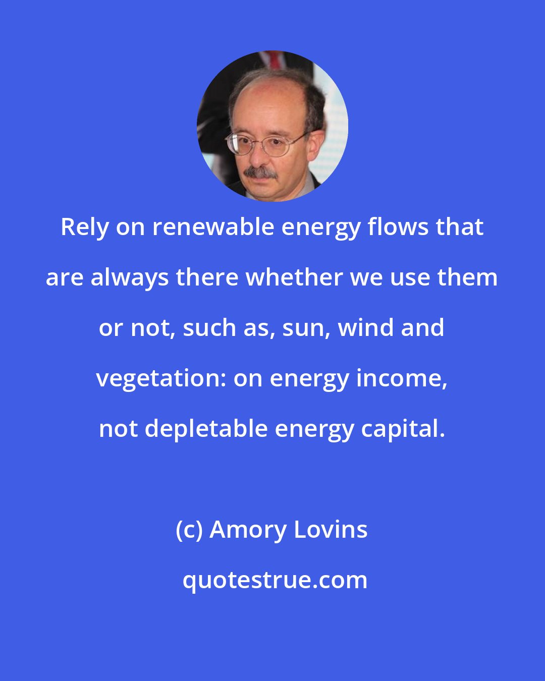 Amory Lovins: Rely on renewable energy flows that are always there whether we use them or not, such as, sun, wind and vegetation: on energy income, not depletable energy capital.