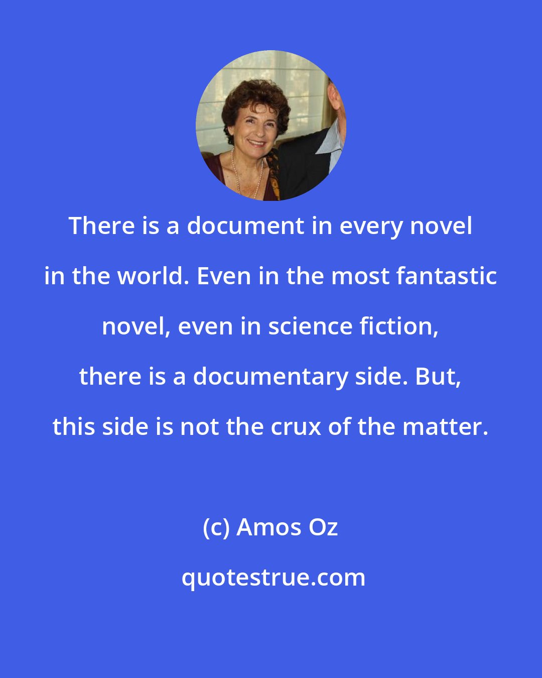 Amos Oz: There is a document in every novel in the world. Even in the most fantastic novel, even in science fiction, there is a documentary side. But, this side is not the crux of the matter.