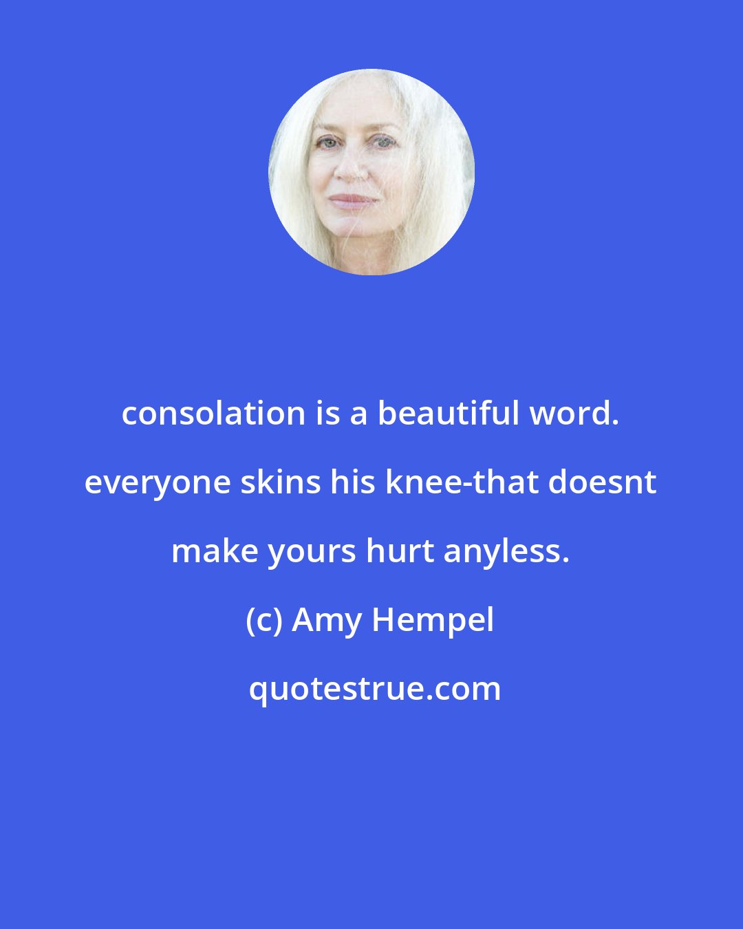 Amy Hempel: consolation is a beautiful word. everyone skins his knee-that doesnt make yours hurt anyless.
