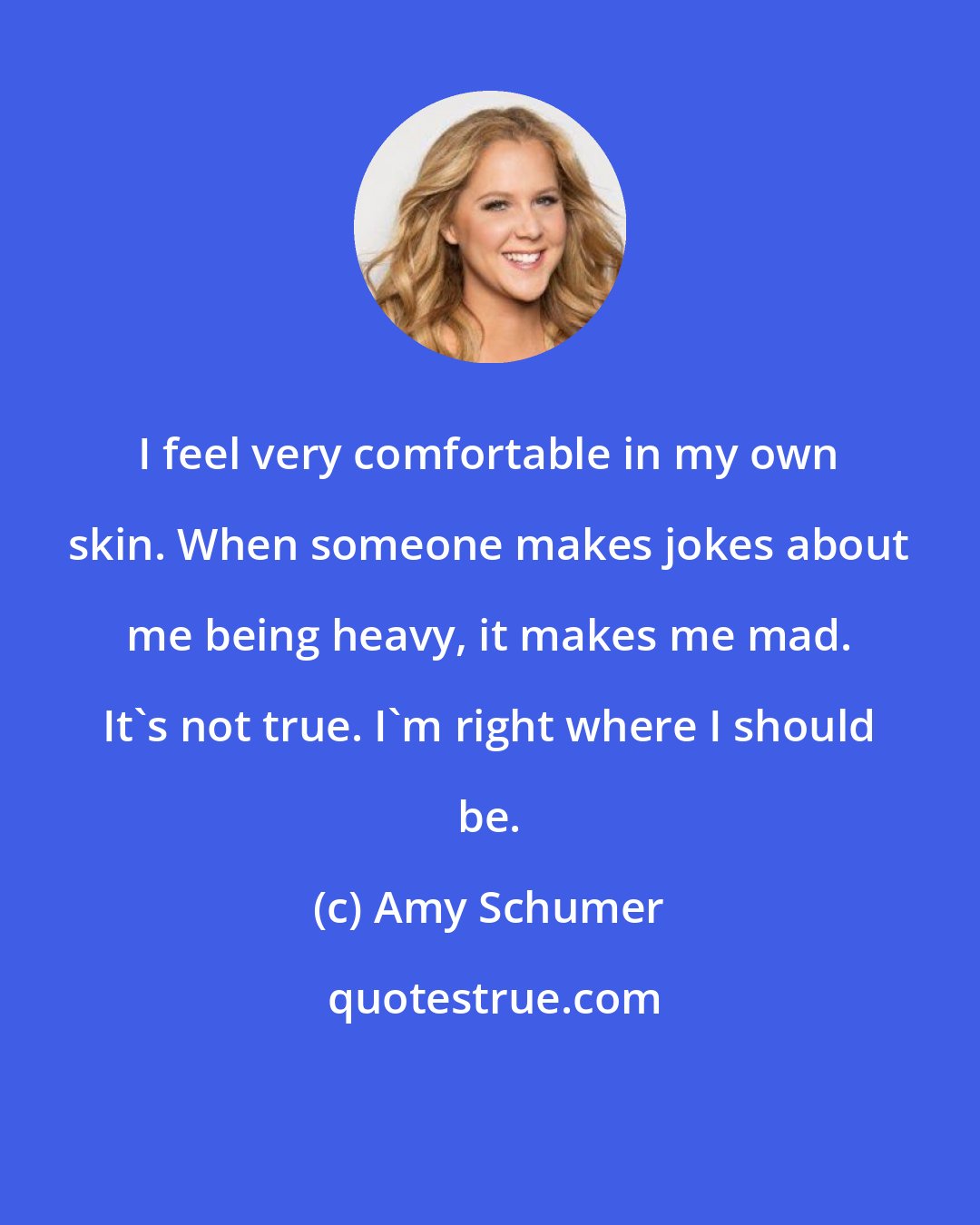 Amy Schumer: I feel very comfortable in my own skin. When someone makes jokes about me being heavy, it makes me mad. It's not true. I'm right where I should be.