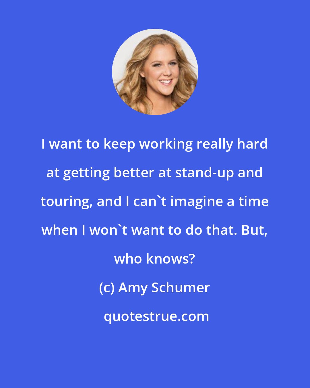 Amy Schumer: I want to keep working really hard at getting better at stand-up and touring, and I can't imagine a time when I won't want to do that. But, who knows?