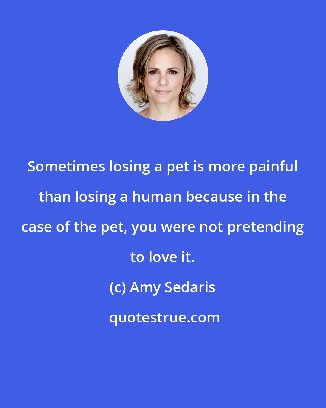 Amy Sedaris: Sometimes losing a pet is more painful than losing a human because in the case of the pet, you were not pretending to love it.