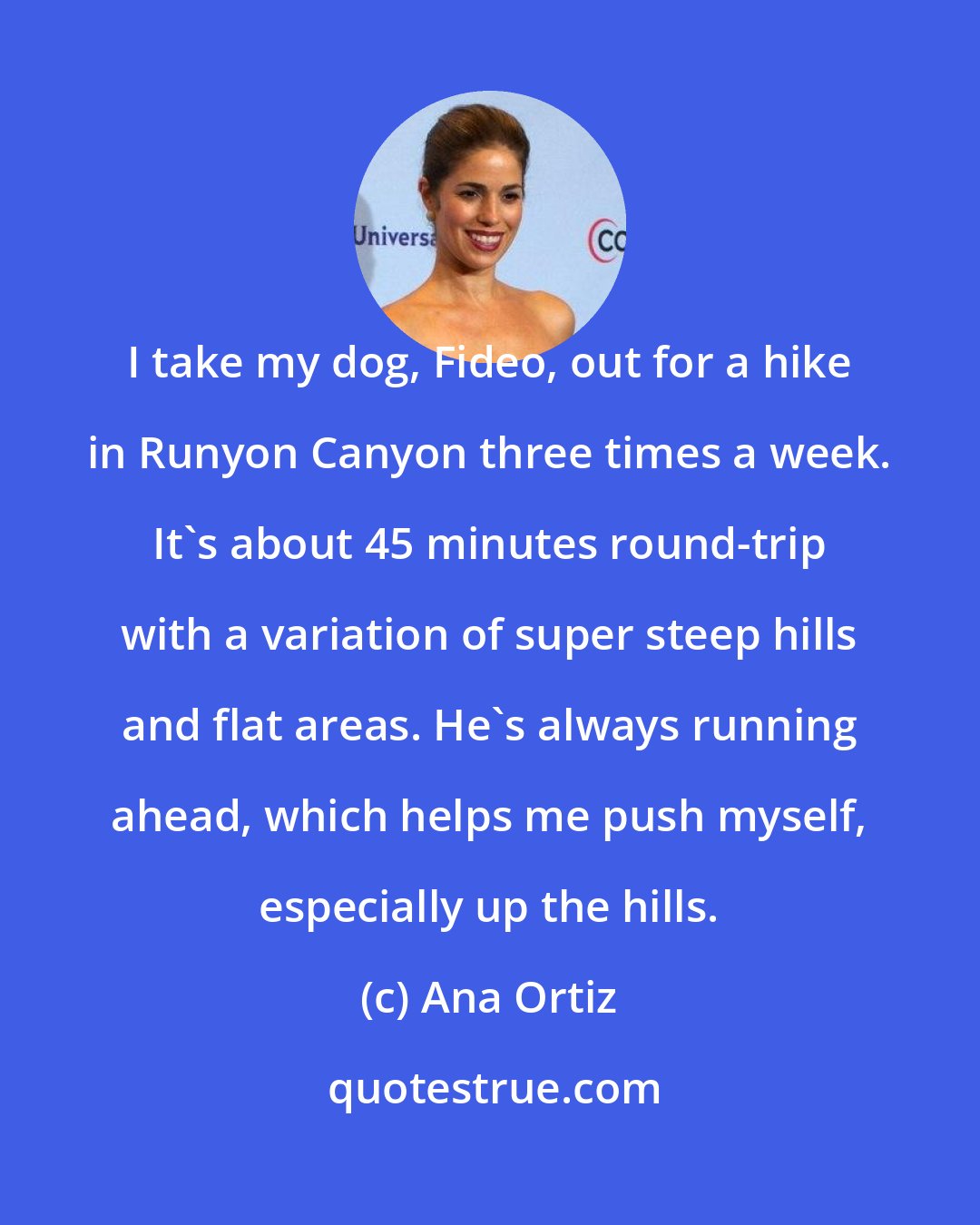 Ana Ortiz: I take my dog, Fideo, out for a hike in Runyon Canyon three times a week. It's about 45 minutes round-trip with a variation of super steep hills and flat areas. He's always running ahead, which helps me push myself, especially up the hills.