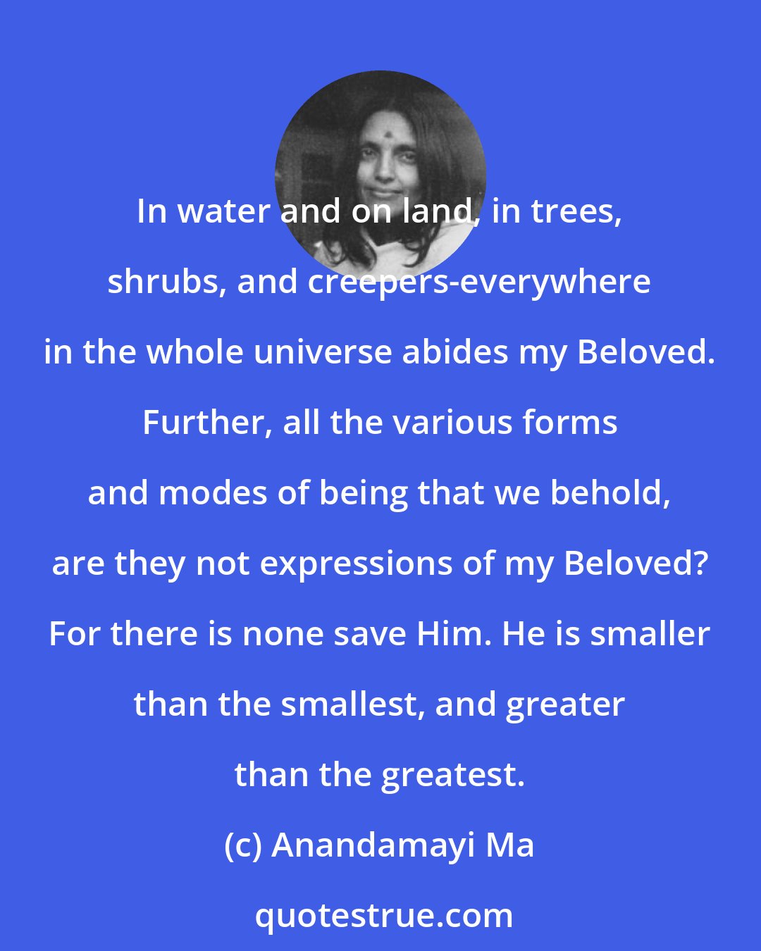 Anandamayi Ma: In water and on land, in trees, shrubs, and creepers-everywhere in the whole universe abides my Beloved. Further, all the various forms and modes of being that we behold, are they not expressions of my Beloved? For there is none save Him. He is smaller than the smallest, and greater than the greatest.