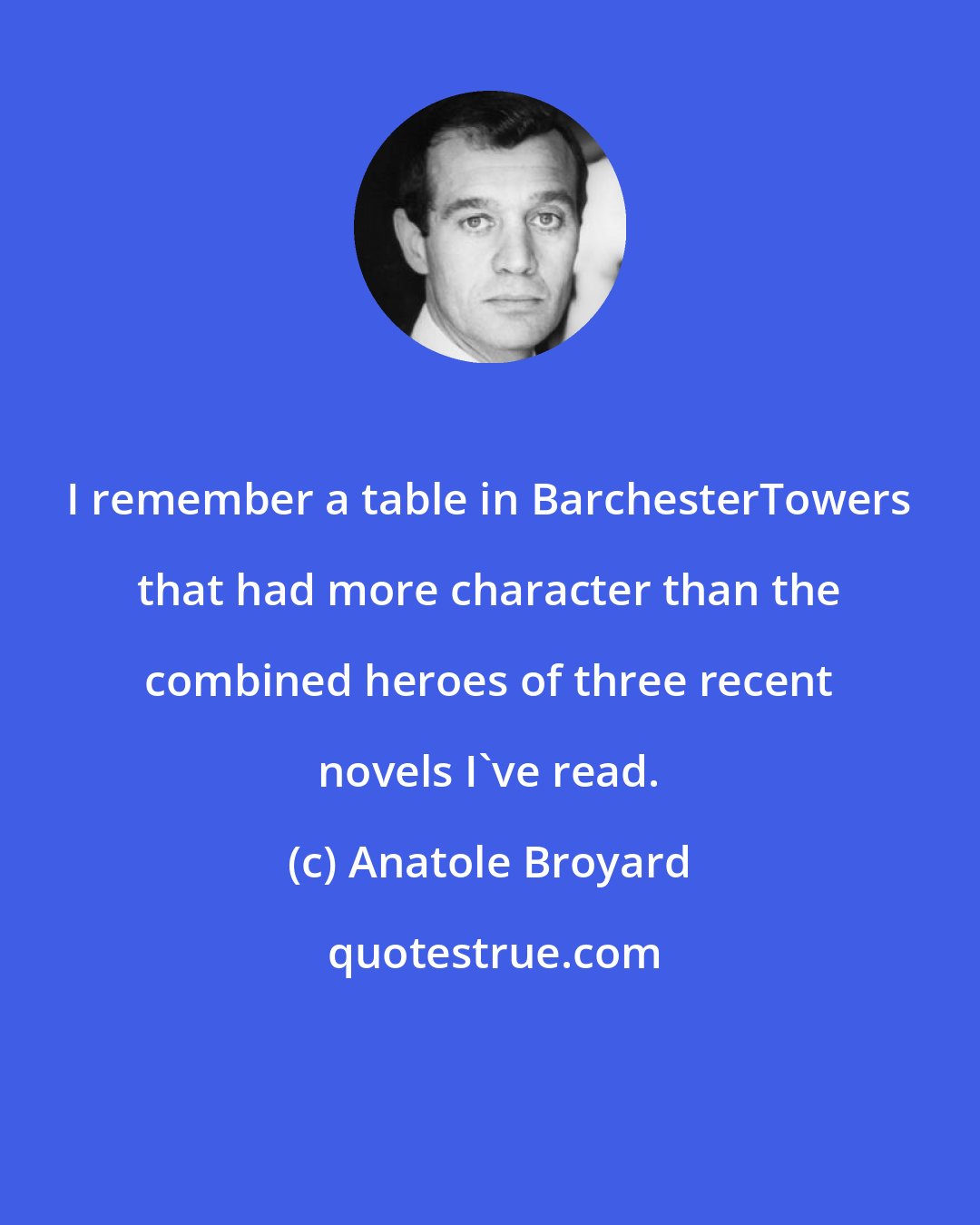 Anatole Broyard: I remember a table in BarchesterTowers that had more character than the combined heroes of three recent novels I've read.