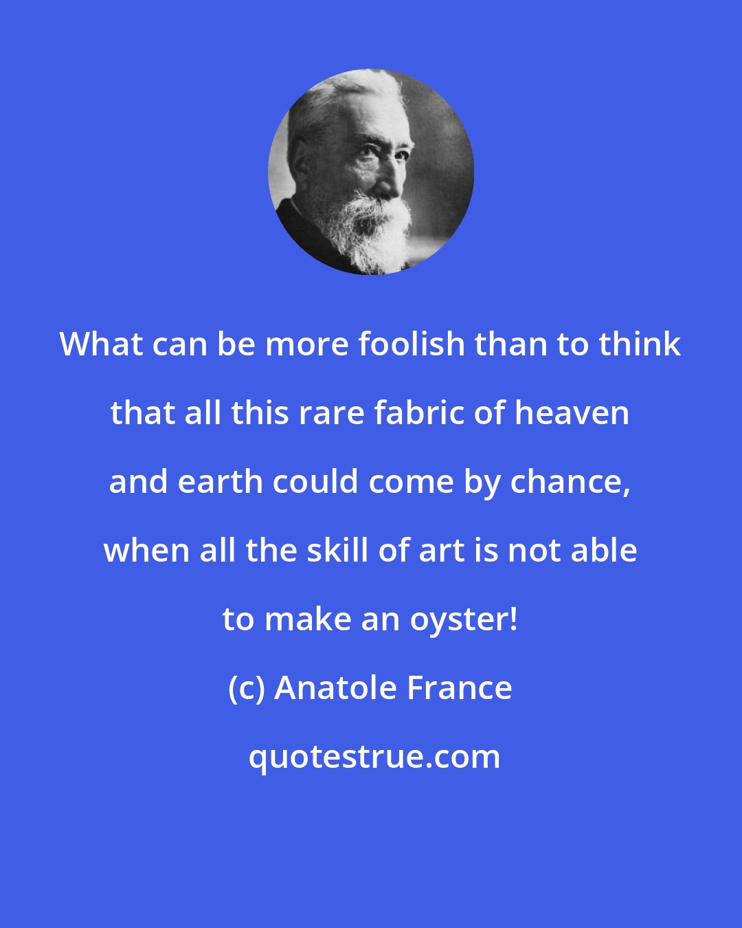 Anatole France: What can be more foolish than to think that all this rare fabric of heaven and earth could come by chance, when all the skill of art is not able to make an oyster!