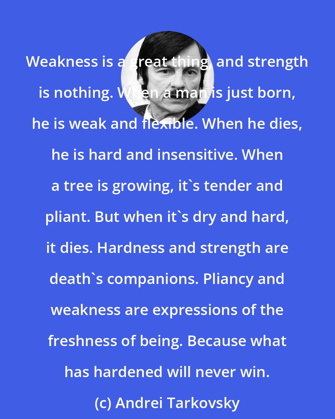 Andrei Tarkovsky: Weakness is a great thing, and strength is nothing. When a man is just born, he is weak and flexible. When he dies, he is hard and insensitive. When a tree is growing, it's tender and pliant. But when it's dry and hard, it dies. Hardness and strength are death's companions. Pliancy and weakness are expressions of the freshness of being. Because what has hardened will never win.