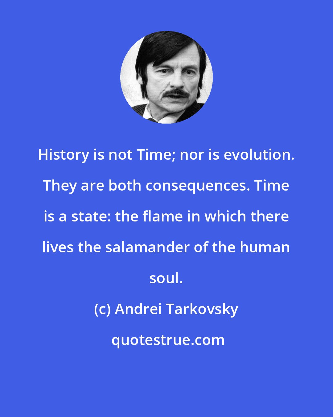 Andrei Tarkovsky: History is not Time; nor is evolution. They are both consequences. Time is a state: the flame in which there lives the salamander of the human soul.