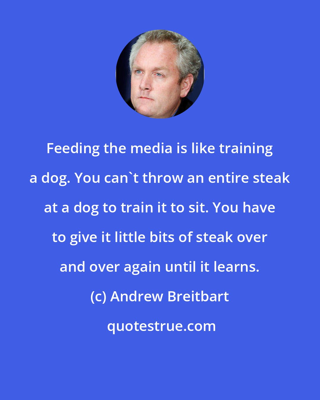 Andrew Breitbart: Feeding the media is like training a dog. You can't throw an entire steak at a dog to train it to sit. You have to give it little bits of steak over and over again until it learns.
