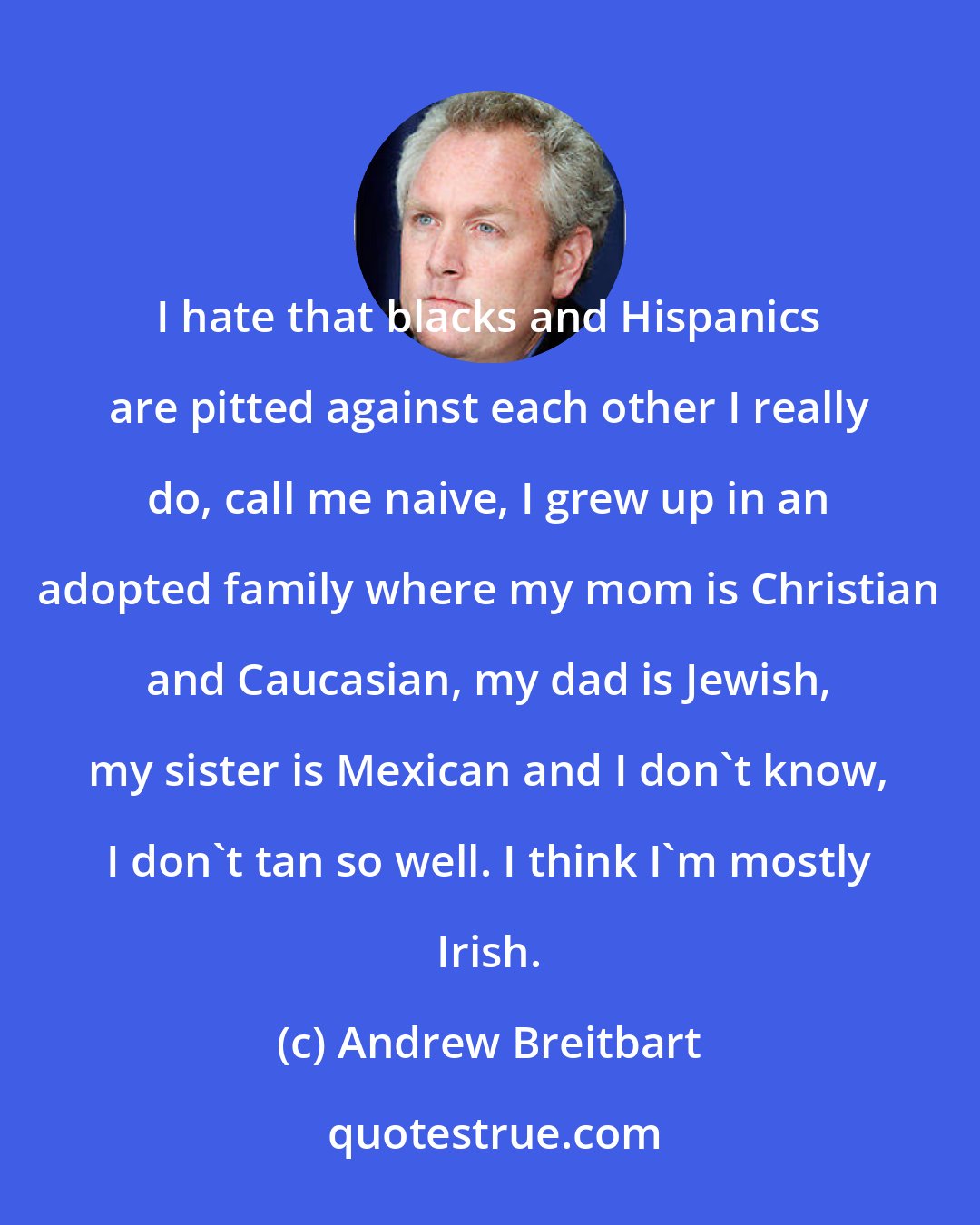 Andrew Breitbart: I hate that blacks and Hispanics are pitted against each other I really do, call me naive, I grew up in an adopted family where my mom is Christian and Caucasian, my dad is Jewish, my sister is Mexican and I don't know, I don't tan so well. I think I'm mostly Irish.