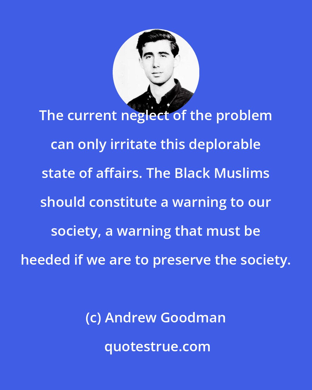 Andrew Goodman: The current neglect of the problem can only irritate this deplorable state of affairs. The Black Muslims should constitute a warning to our society, a warning that must be heeded if we are to preserve the society.