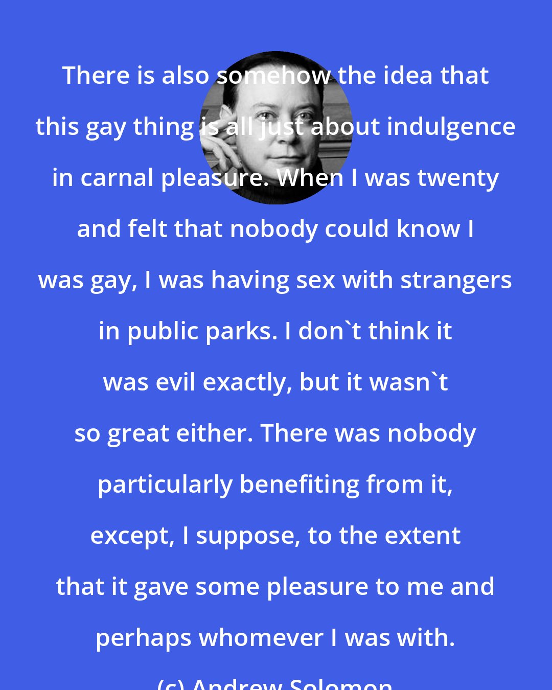 Andrew Solomon: There is also somehow the idea that this gay thing is all just about indulgence in carnal pleasure. When I was twenty and felt that nobody could know I was gay, I was having sex with strangers in public parks. I don't think it was evil exactly, but it wasn't so great either. There was nobody particularly benefiting from it, except, I suppose, to the extent that it gave some pleasure to me and perhaps whomever I was with.
