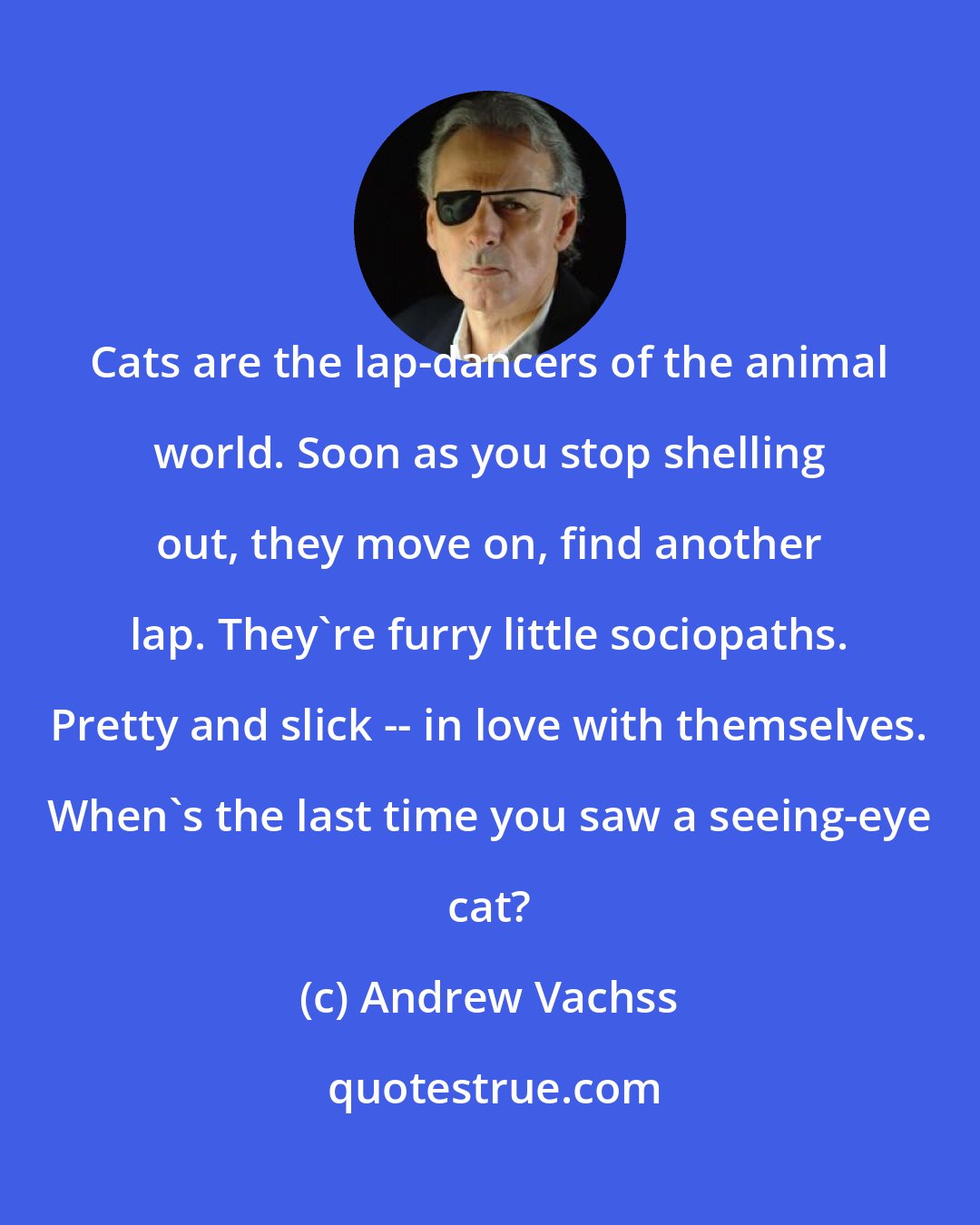 Andrew Vachss: Cats are the lap-dancers of the animal world. Soon as you stop shelling out, they move on, find another lap. They're furry little sociopaths. Pretty and slick -- in love with themselves. When's the last time you saw a seeing-eye cat?