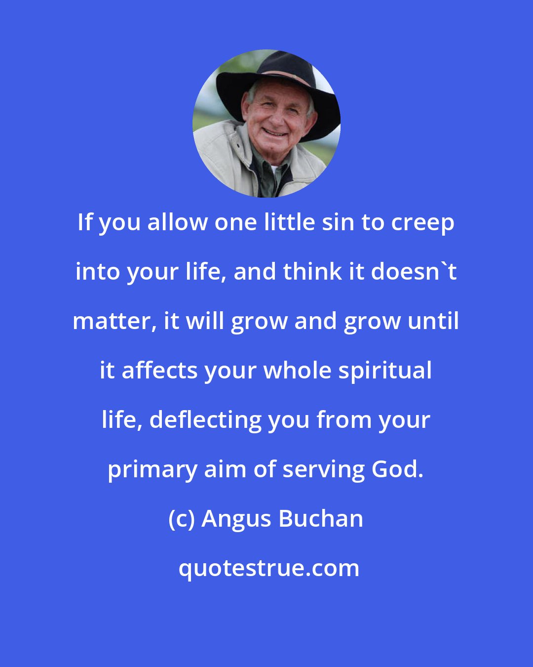 Angus Buchan: If you allow one little sin to creep into your life, and think it doesn't matter, it will grow and grow until it affects your whole spiritual life, deflecting you from your primary aim of serving God.