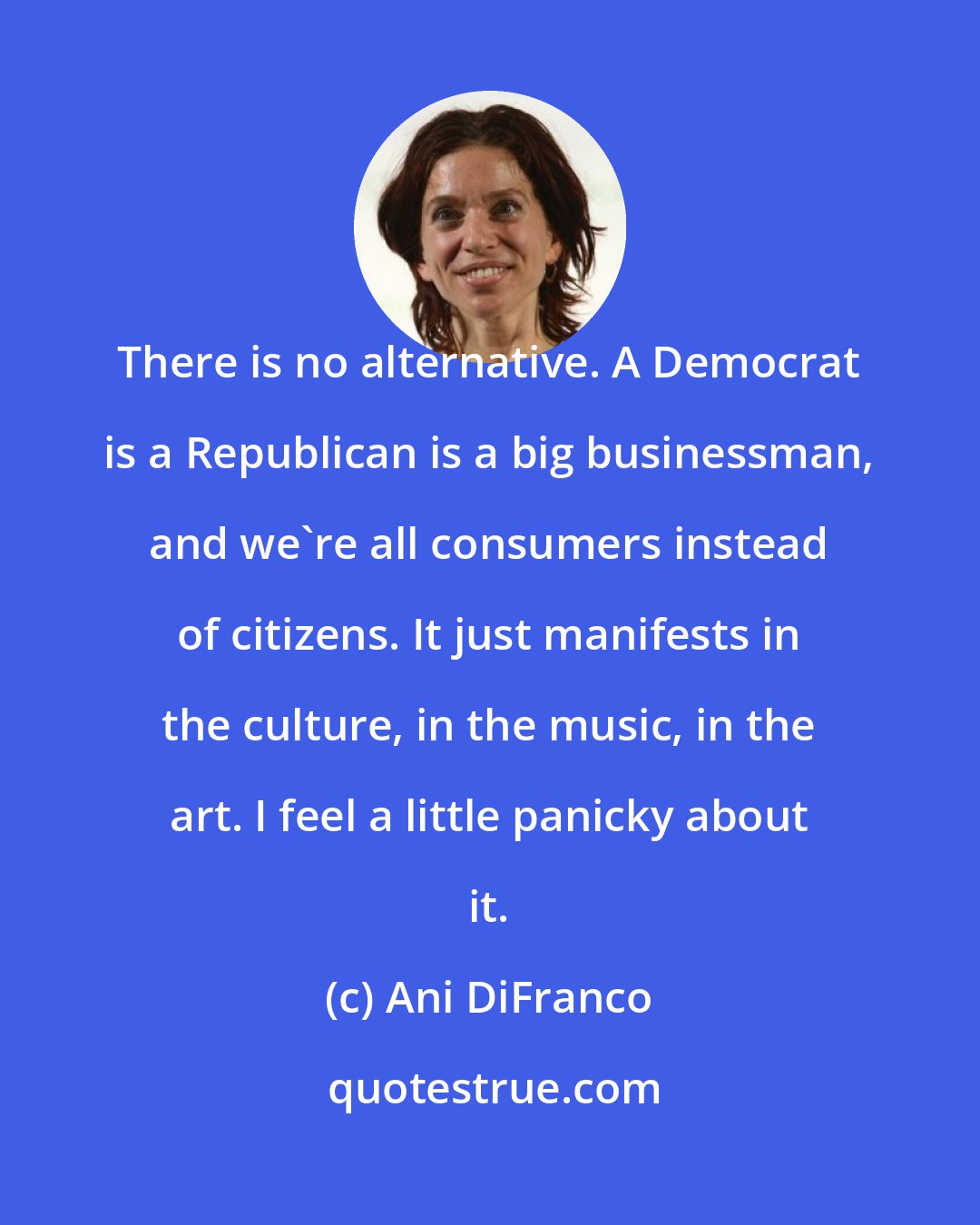 Ani DiFranco: There is no alternative. A Democrat is a Republican is a big businessman, and we're all consumers instead of citizens. It just manifests in the culture, in the music, in the art. I feel a little panicky about it.