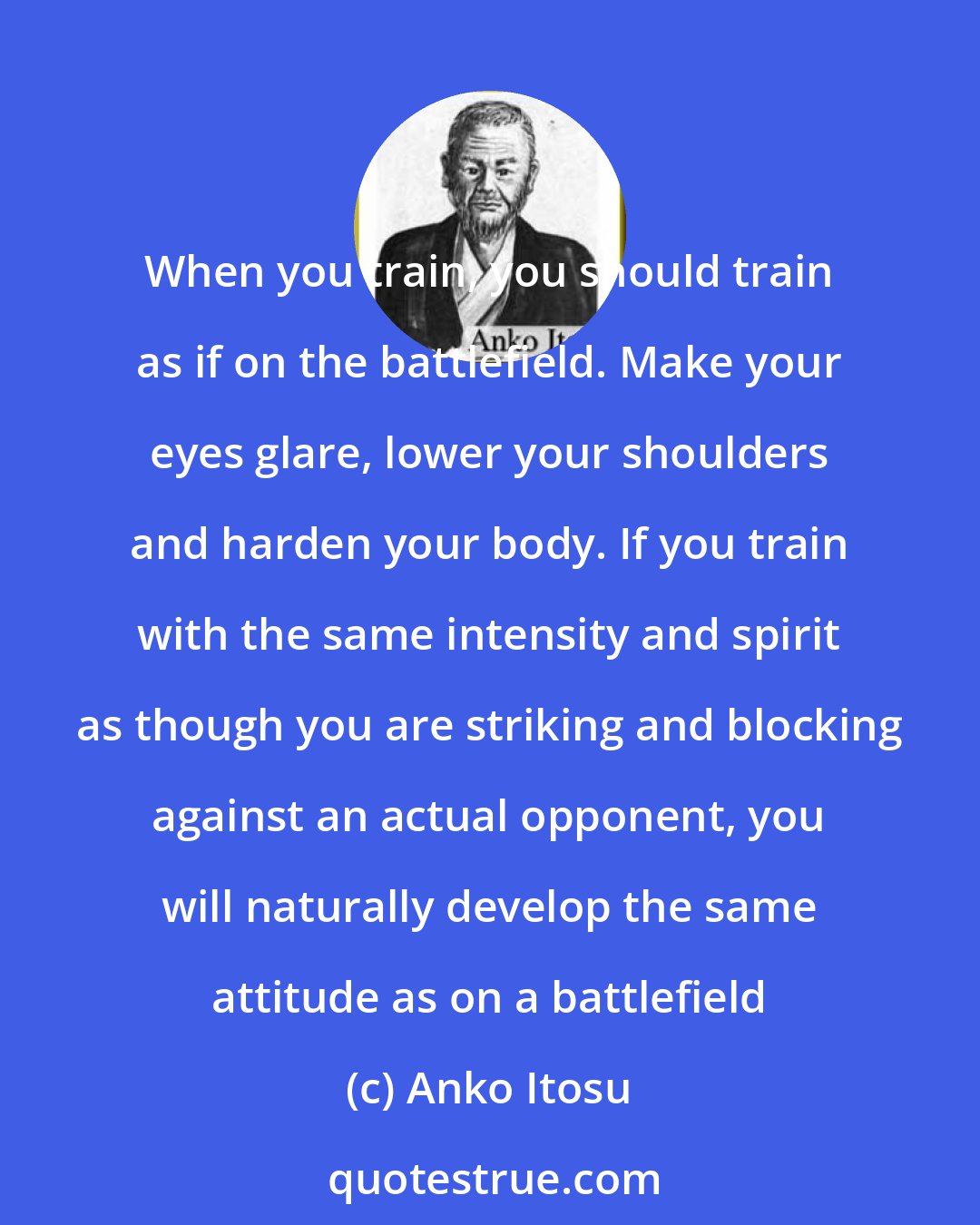 Anko Itosu: When you train, you should train as if on the battlefield. Make your eyes glare, lower your shoulders and harden your body. If you train with the same intensity and spirit as though you are striking and blocking against an actual opponent, you will naturally develop the same attitude as on a battlefield