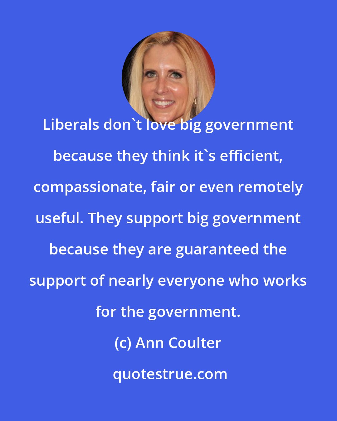 Ann Coulter: Liberals don't love big government because they think it's efficient, compassionate, fair or even remotely useful. They support big government because they are guaranteed the support of nearly everyone who works for the government.