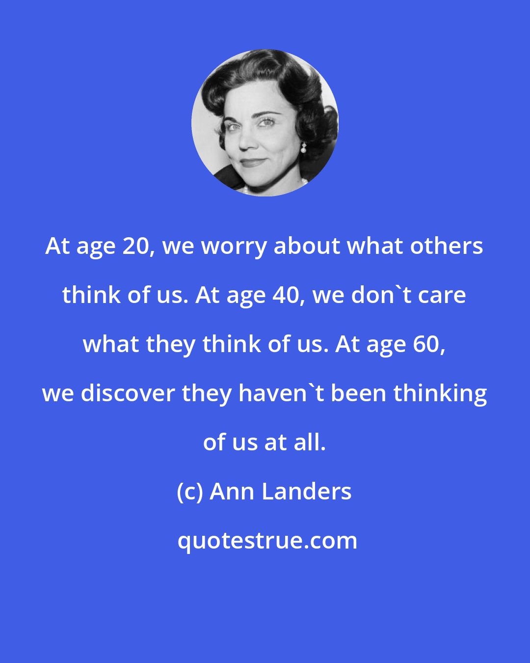 Ann Landers: At age 20, we worry about what others think of us. At age 40, we don't care what they think of us. At age 60, we discover they haven't been thinking of us at all.