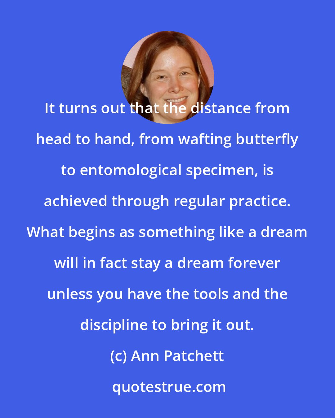 Ann Patchett: It turns out that the distance from head to hand, from wafting butterfly to entomological specimen, is achieved through regular practice. What begins as something like a dream will in fact stay a dream forever unless you have the tools and the discipline to bring it out.