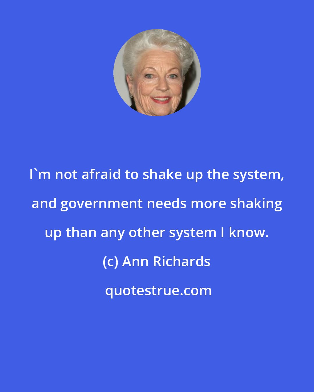 Ann Richards: I'm not afraid to shake up the system, and government needs more shaking up than any other system I know.