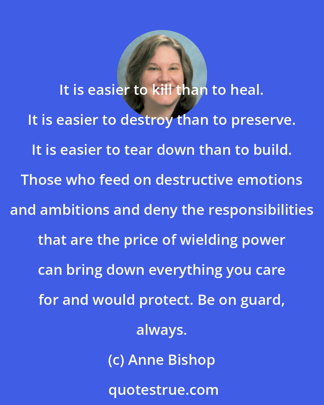 Anne Bishop: It is easier to kill than to heal. It is easier to destroy than to preserve. It is easier to tear down than to build. Those who feed on destructive emotions and ambitions and deny the responsibilities that are the price of wielding power can bring down everything you care for and would protect. Be on guard, always.