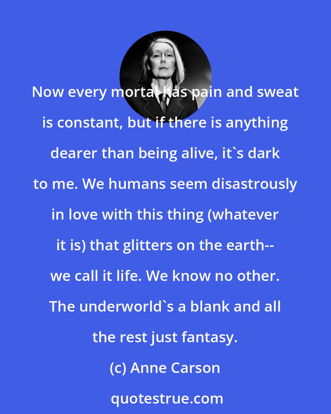 Anne Carson: Now every mortal has pain and sweat is constant, but if there is anything dearer than being alive, it's dark to me. We humans seem disastrously in love with this thing (whatever it is) that glitters on the earth-- we call it life. We know no other. The underworld's a blank and all the rest just fantasy.