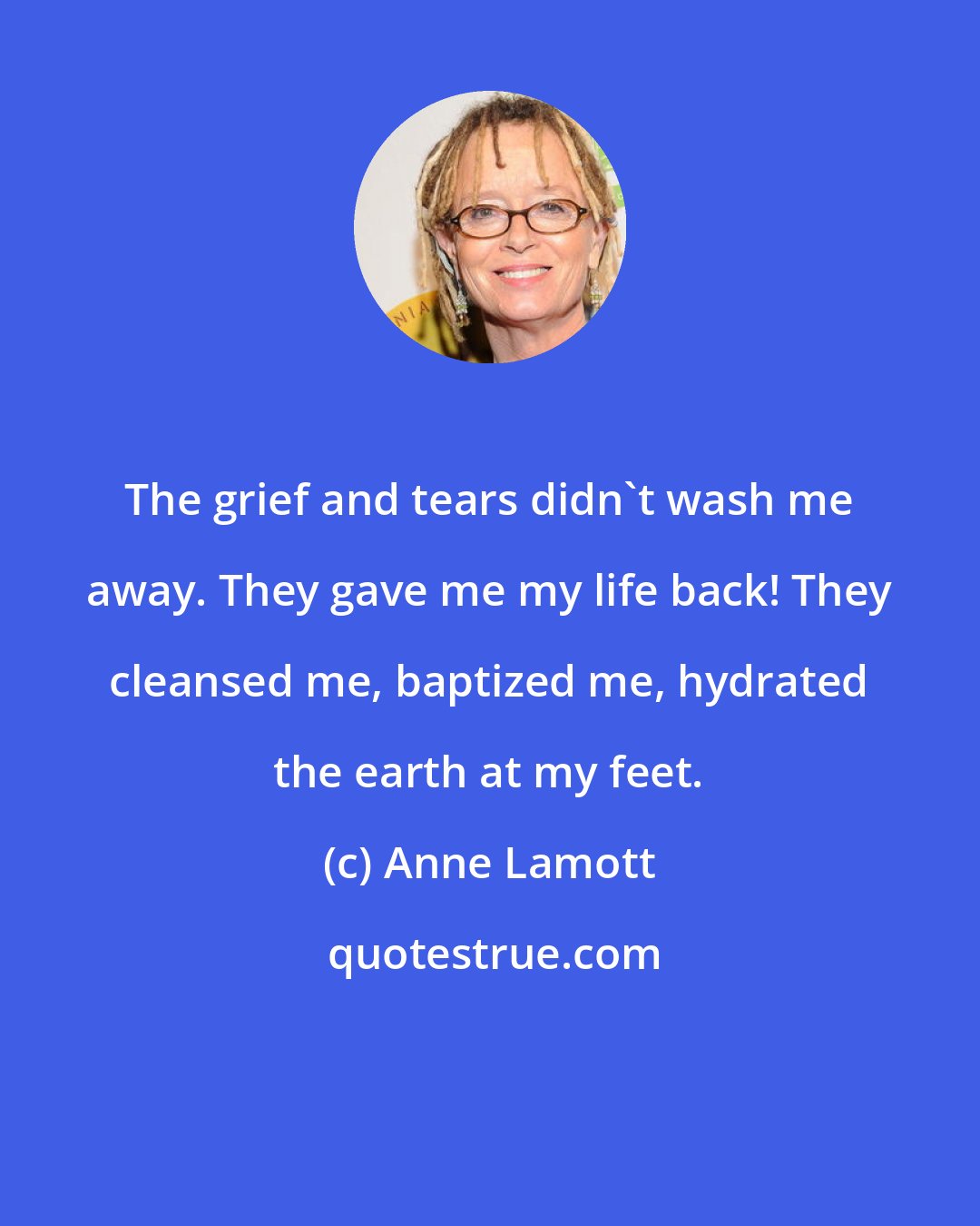 Anne Lamott: The grief and tears didn't wash me away. They gave me my life back! They cleansed me, baptized me, hydrated the earth at my feet.