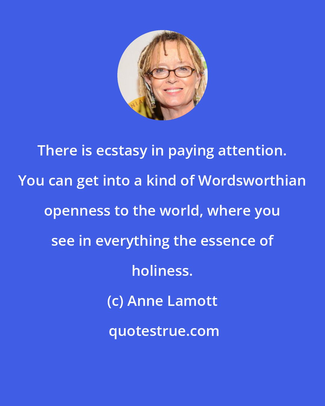 Anne Lamott: There is ecstasy in paying attention. You can get into a kind of Wordsworthian openness to the world, where you see in everything the essence of holiness.