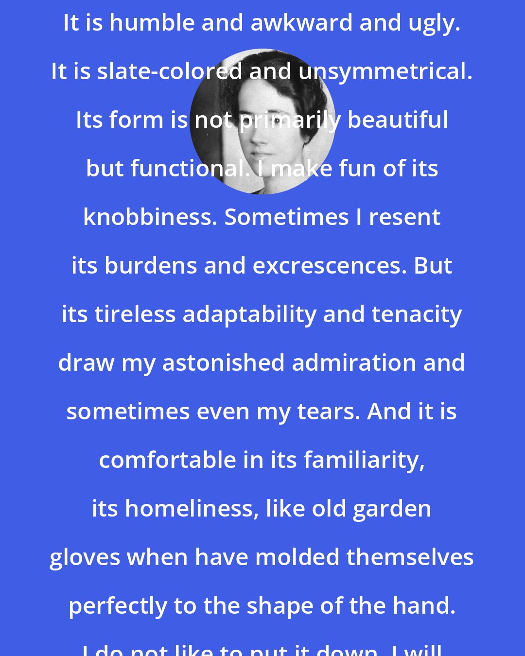 Anne Morrow Lindbergh: I am very fond of the oyster shell. It is humble and awkward and ugly. It is slate-colored and unsymmetrical. Its form is not primarily beautiful but functional. I make fun of its knobbiness. Sometimes I resent its burdens and excrescences. But its tireless adaptability and tenacity draw my astonished admiration and sometimes even my tears. And it is comfortable in its familiarity, its homeliness, like old garden gloves when have molded themselves perfectly to the shape of the hand. I do not like to put it down. I will not want to leave it.