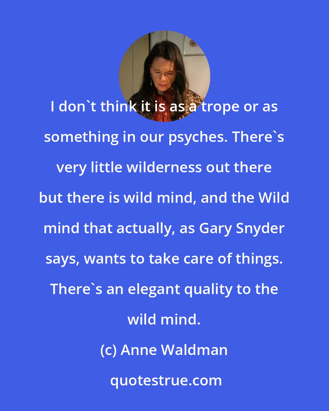 Anne Waldman: I don't think it is as a trope or as something in our psyches. There's very little wilderness out there but there is wild mind, and the Wild mind that actually, as Gary Snyder says, wants to take care of things. There's an elegant quality to the wild mind.