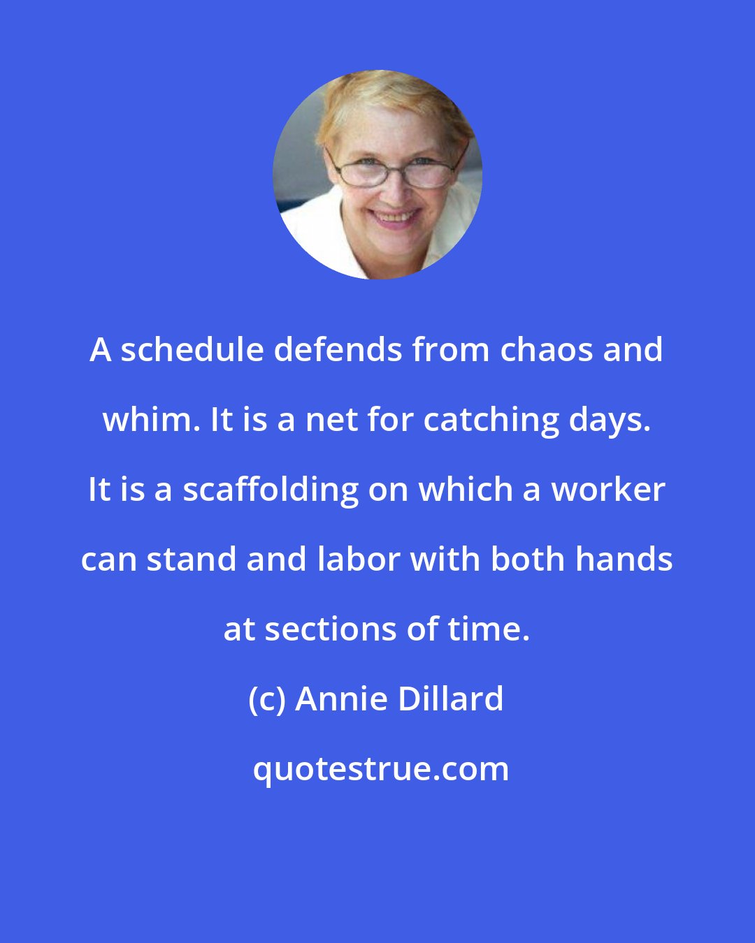Annie Dillard: A schedule defends from chaos and whim. It is a net for catching days. It is a scaffolding on which a worker can stand and labor with both hands at sections of time.