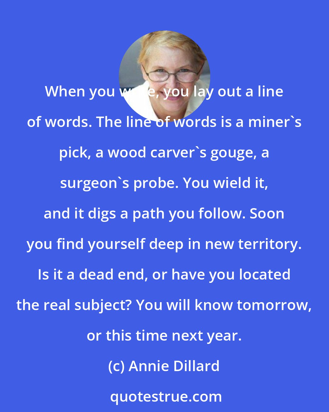 Annie Dillard: When you write, you lay out a line of words. The line of words is a miner's pick, a wood carver's gouge, a surgeon's probe. You wield it, and it digs a path you follow. Soon you find yourself deep in new territory. Is it a dead end, or have you located the real subject? You will know tomorrow, or this time next year.