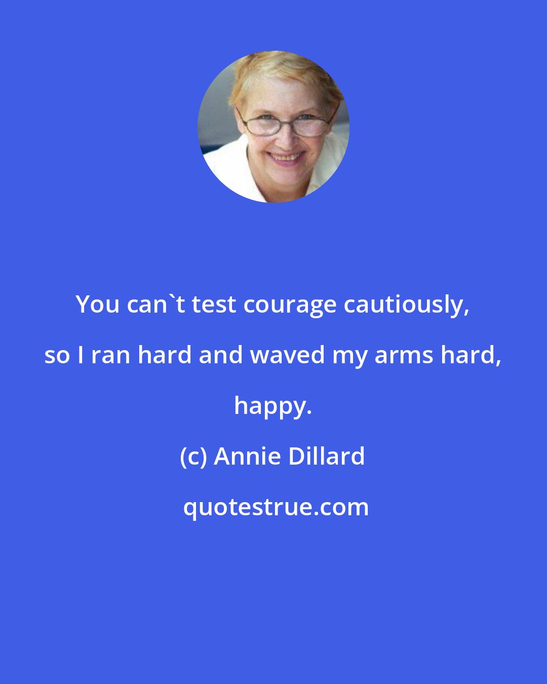 Annie Dillard: You can't test courage cautiously, so I ran hard and waved my arms hard, happy.