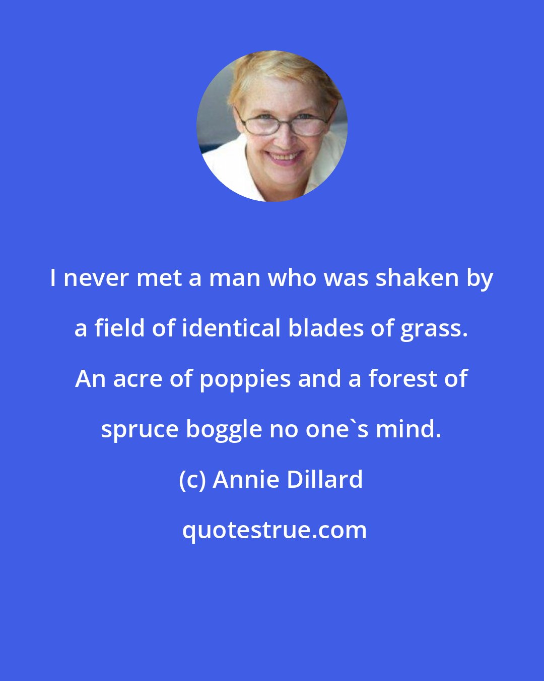 Annie Dillard: I never met a man who was shaken by a field of identical blades of grass. An acre of poppies and a forest of spruce boggle no one's mind.