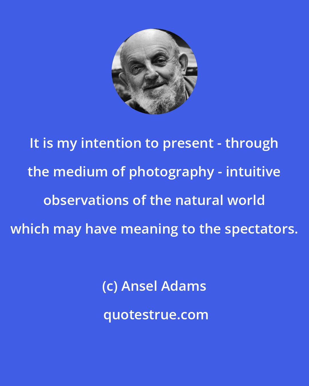 Ansel Adams: It is my intention to present - through the medium of photography - intuitive observations of the natural world which may have meaning to the spectators.