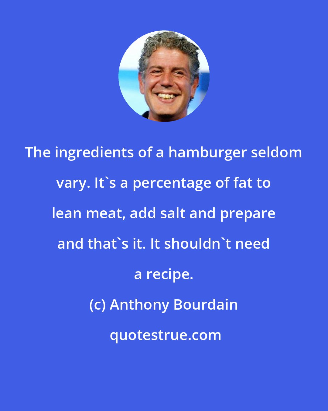 Anthony Bourdain: The ingredients of a hamburger seldom vary. It's a percentage of fat to lean meat, add salt and prepare and that's it. It shouldn't need a recipe.