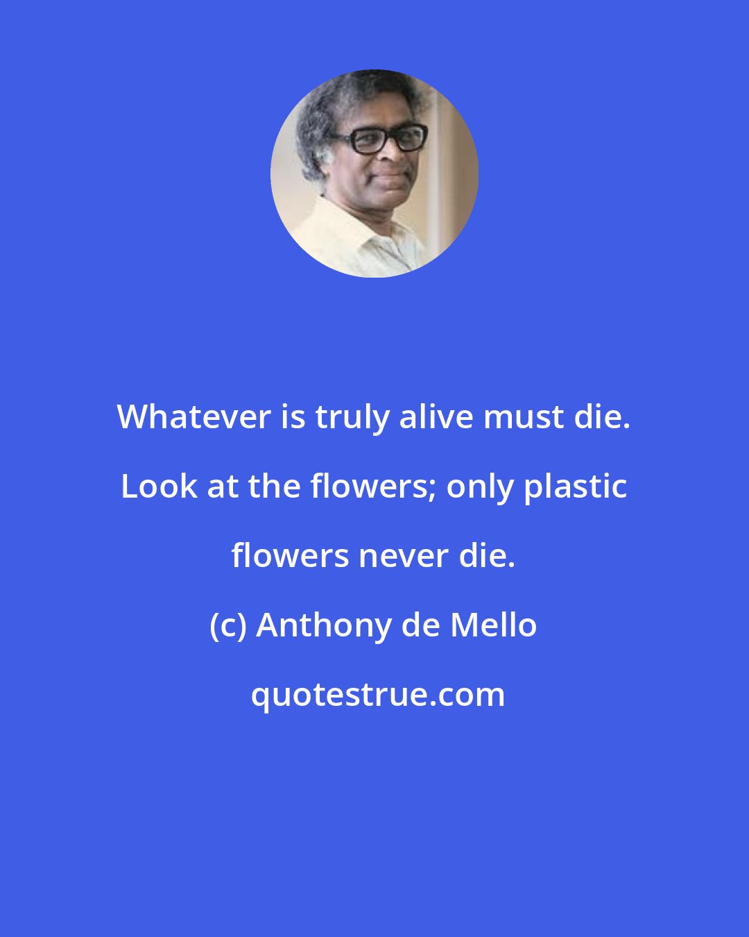 Anthony de Mello: Whatever is truly alive must die. Look at the flowers; only plastic flowers never die.