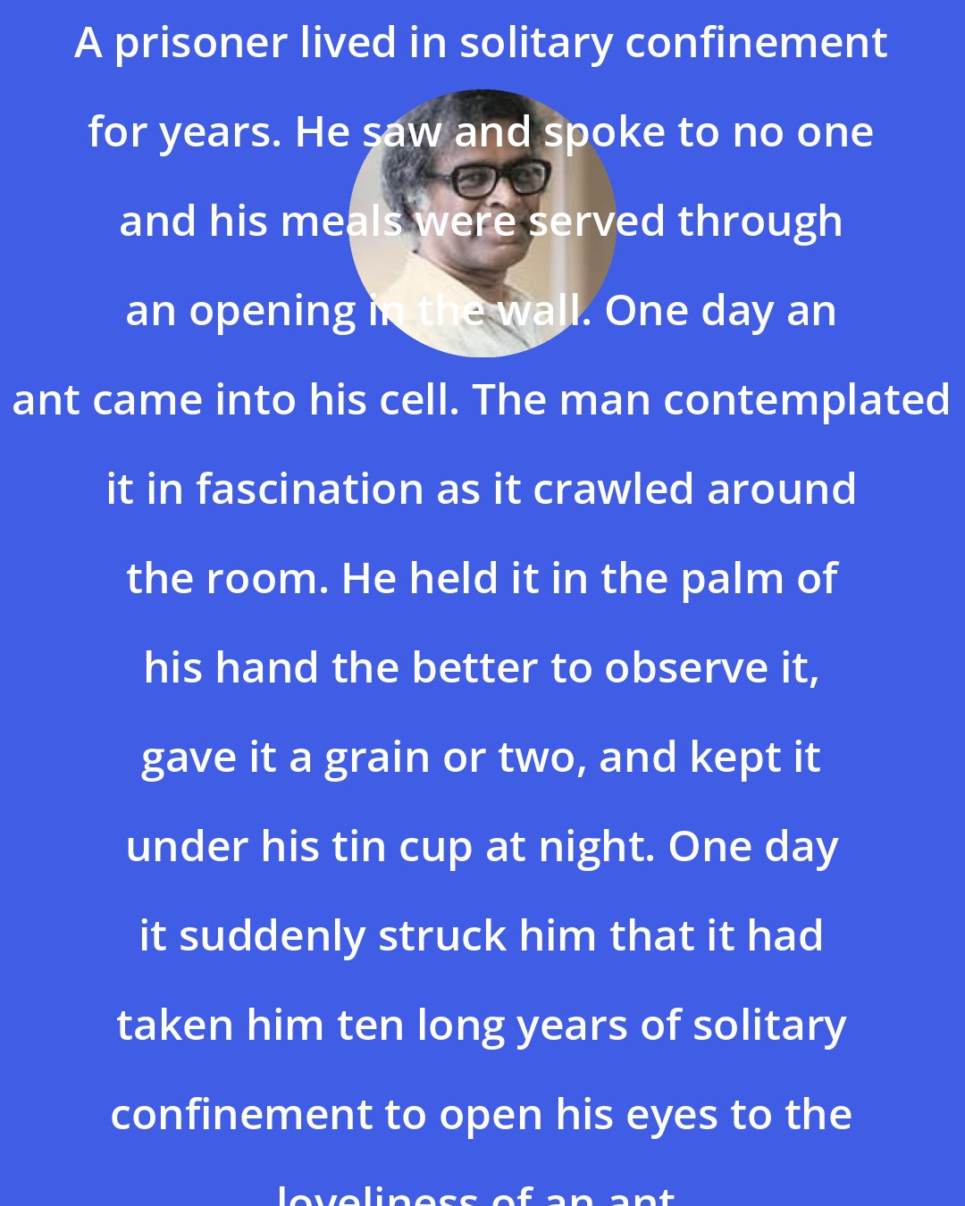 Anthony de Mello: A prisoner lived in solitary confinement for years. He saw and spoke to no one and his meals were served through an opening in the wall. One day an ant came into his cell. The man contemplated it in fascination as it crawled around the room. He held it in the palm of his hand the better to observe it, gave it a grain or two, and kept it under his tin cup at night. One day it suddenly struck him that it had taken him ten long years of solitary confinement to open his eyes to the loveliness of an ant.