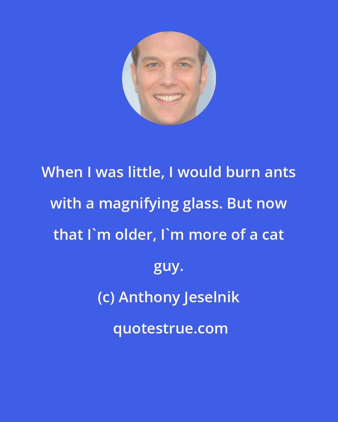 Anthony Jeselnik: When I was little, I would burn ants with a magnifying glass. But now that I'm older, I'm more of a cat guy.