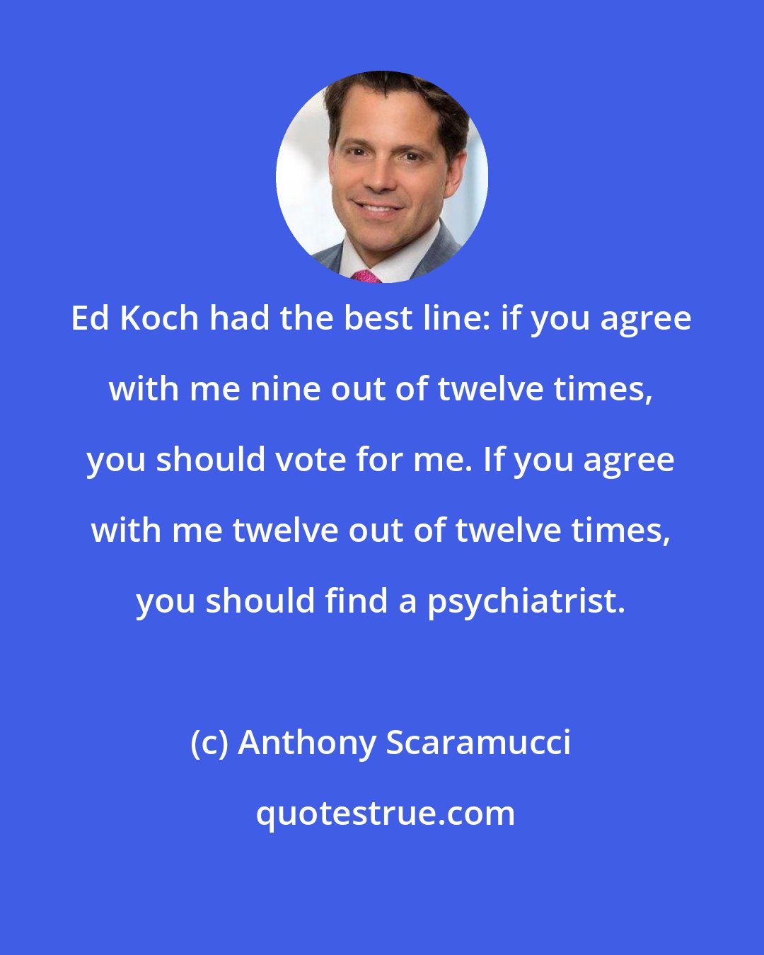 Anthony Scaramucci: Ed Koch had the best line: if you agree with me nine out of twelve times, you should vote for me. If you agree with me twelve out of twelve times, you should find a psychiatrist.