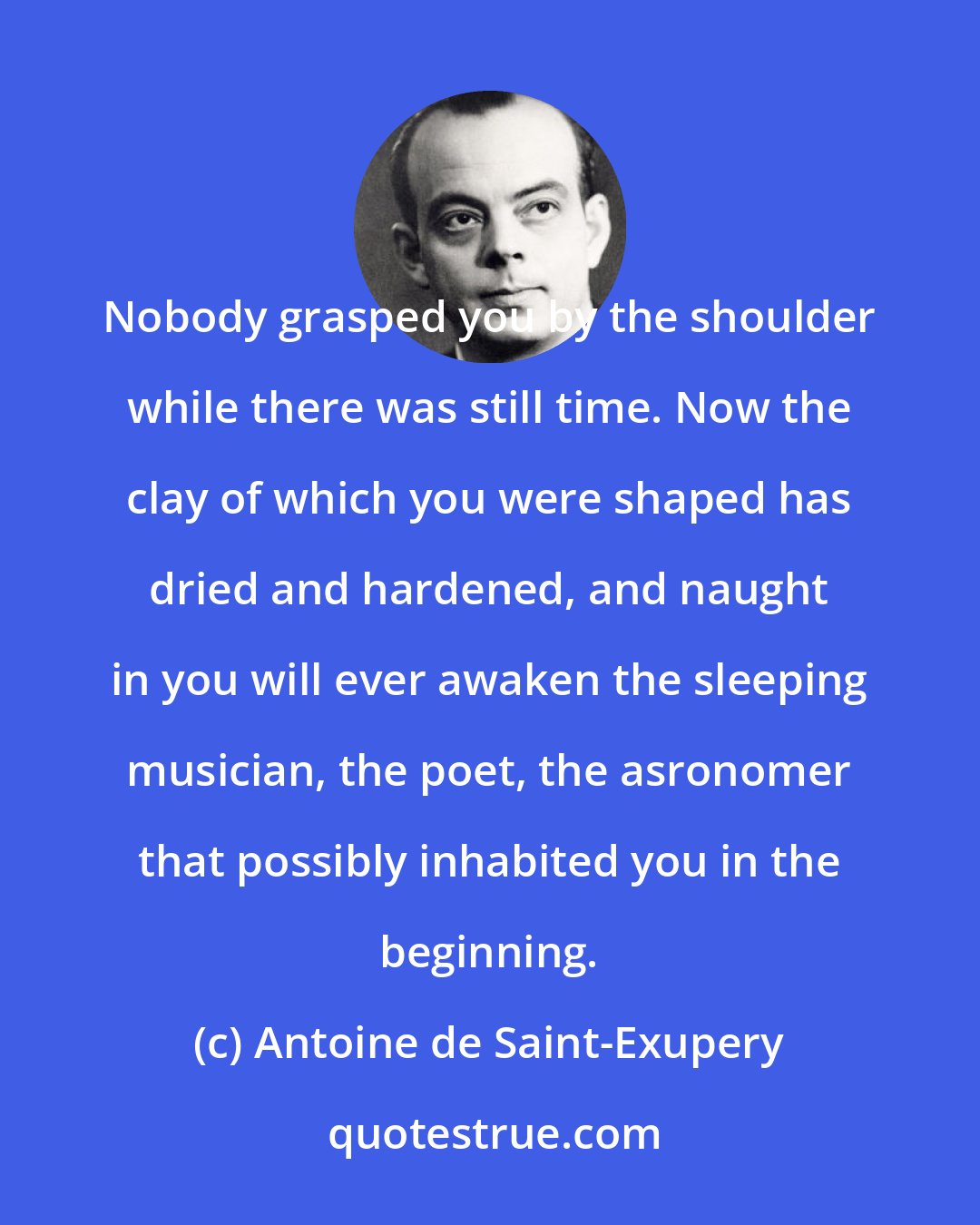 Antoine de Saint-Exupery: Nobody grasped you by the shoulder while there was still time. Now the clay of which you were shaped has dried and hardened, and naught in you will ever awaken the sleeping musician, the poet, the asronomer that possibly inhabited you in the beginning.