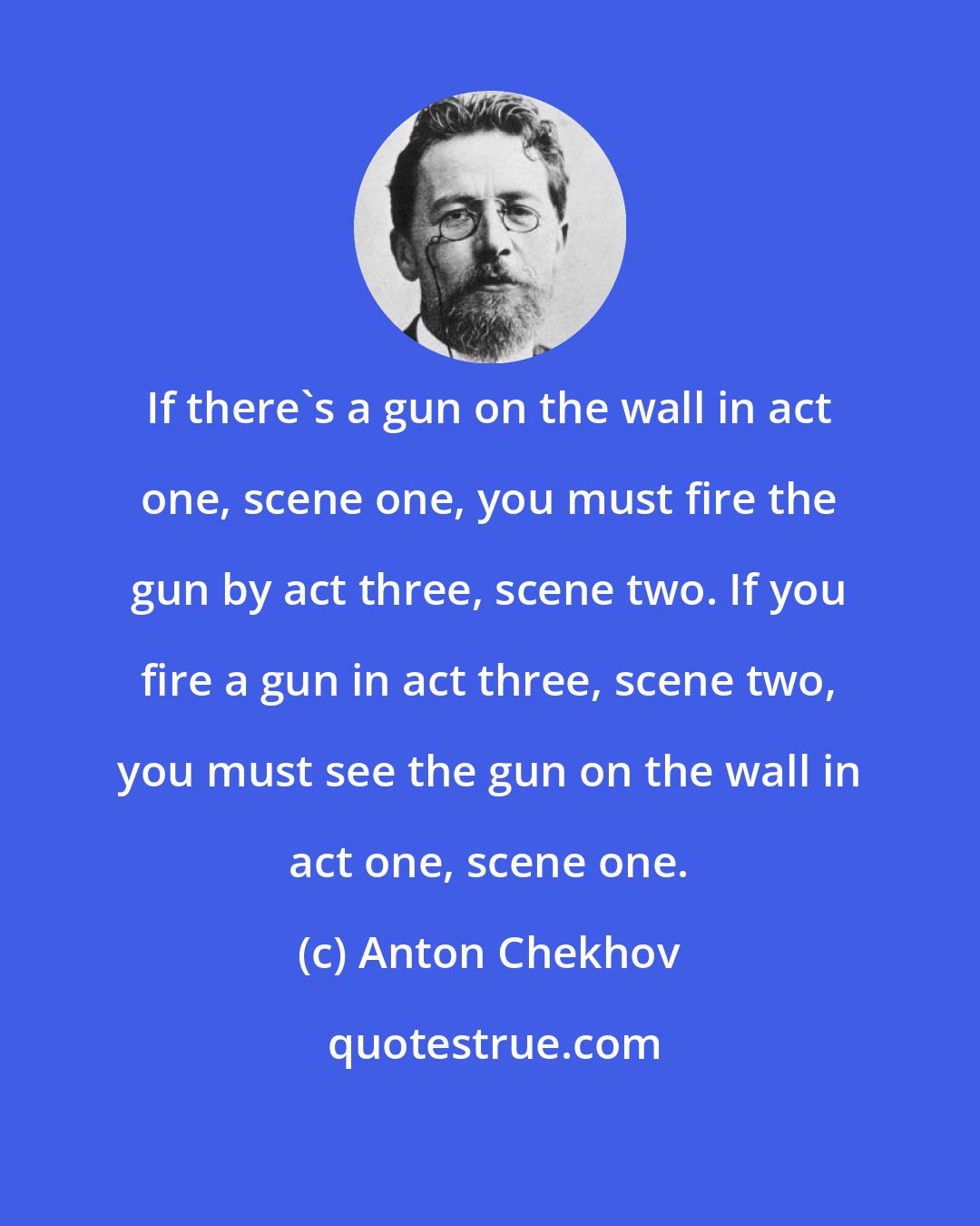 Anton Chekhov: If there's a gun on the wall in act one, scene one, you must fire the gun by act three, scene two. If you fire a gun in act three, scene two, you must see the gun on the wall in act one, scene one.