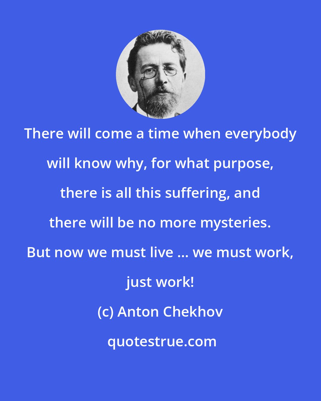 Anton Chekhov: There will come a time when everybody will know why, for what purpose, there is all this suffering, and there will be no more mysteries. But now we must live ... we must work, just work!