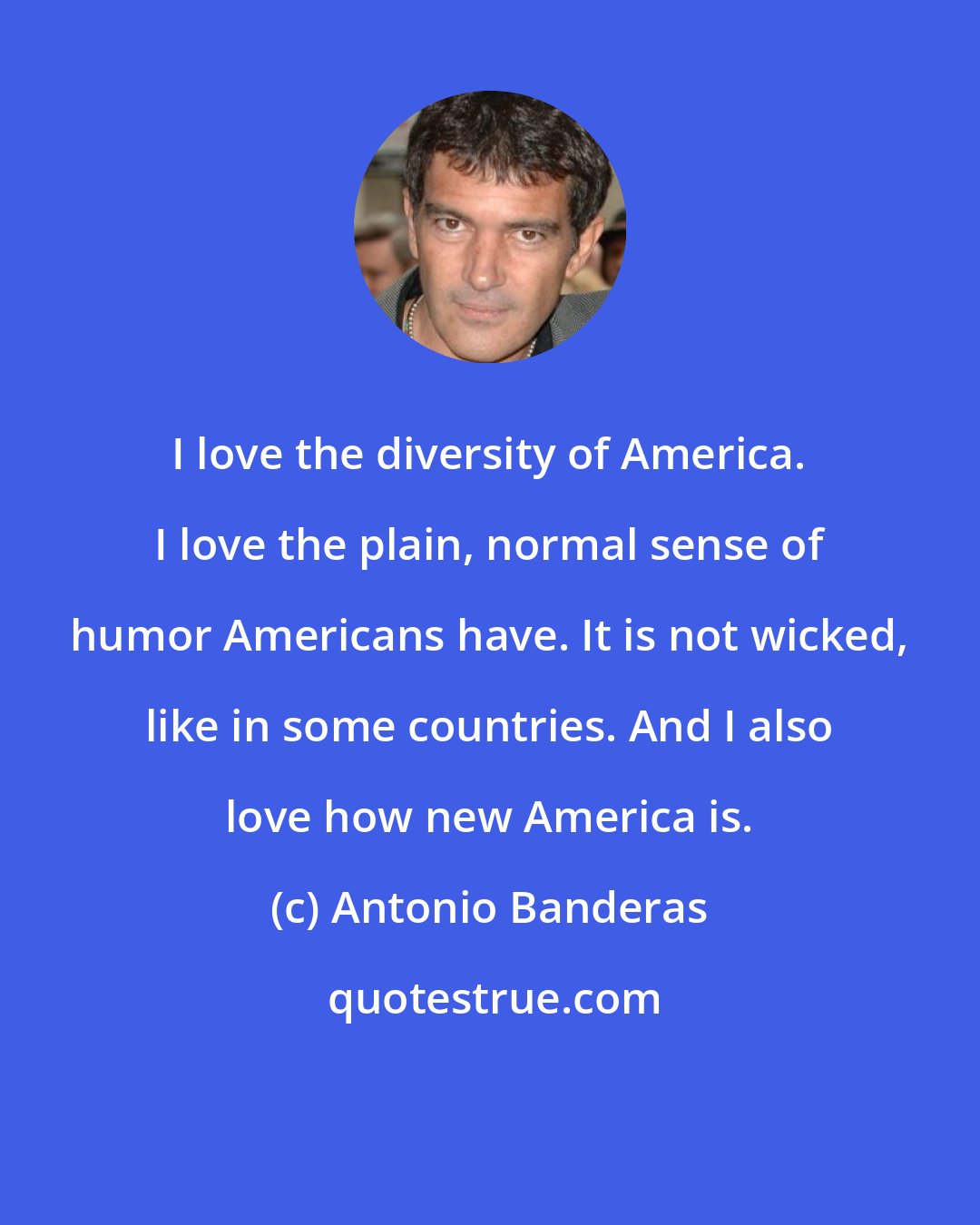 Antonio Banderas: I love the diversity of America. I love the plain, normal sense of humor Americans have. It is not wicked, like in some countries. And I also love how new America is.