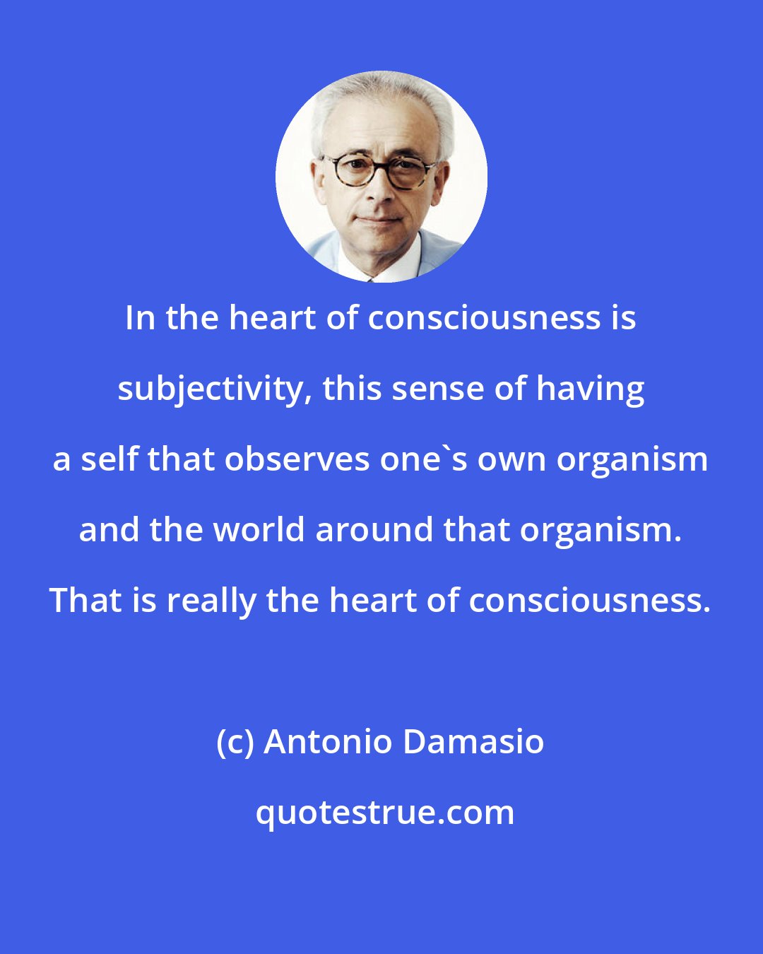 Antonio Damasio: In the heart of consciousness is subjectivity, this sense of having a self that observes one's own organism and the world around that organism. That is really the heart of consciousness.