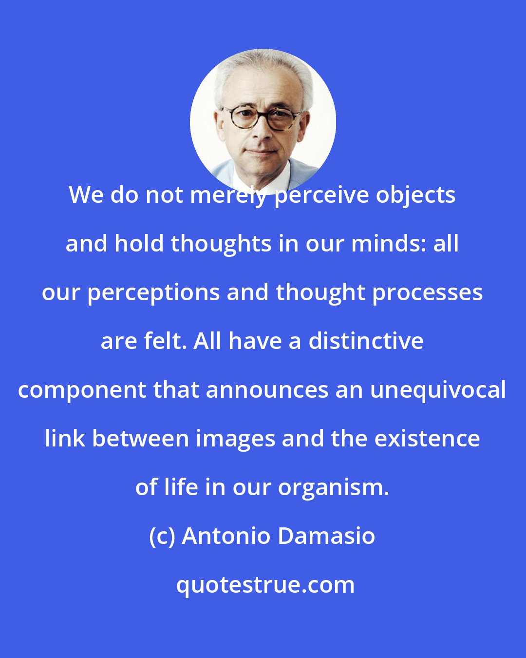 Antonio Damasio: We do not merely perceive objects and hold thoughts in our minds: all our perceptions and thought processes are felt. All have a distinctive component that announces an unequivocal link between images and the existence of life in our organism.