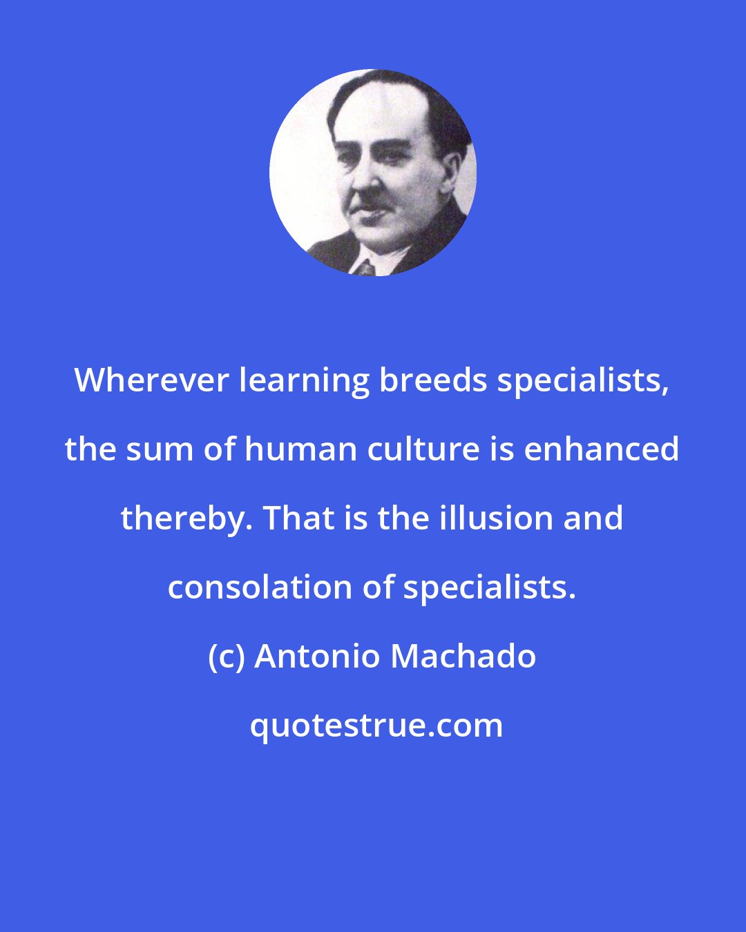 Antonio Machado: Wherever learning breeds specialists, the sum of human culture is enhanced thereby. That is the illusion and consolation of specialists.