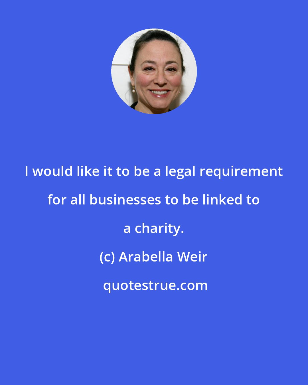 Arabella Weir: I would like it to be a legal requirement for all businesses to be linked to a charity.